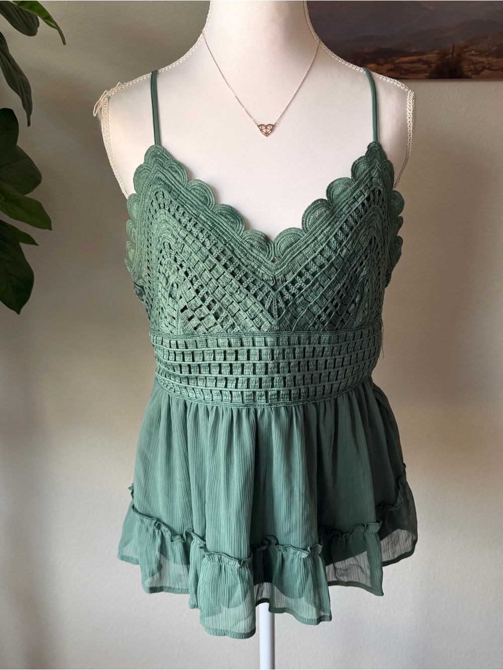 Rue21 Green Crochet Babydoll Cami Top